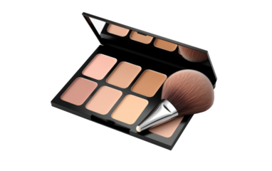 Makeup Set With Brush. A makeup set with a brush resting on top, ready for application.