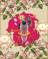 A Beautiful Indian Cow Pichwai Art Illustration with  background Interior Wall Decoration,Pichwai Krishna © Elvi