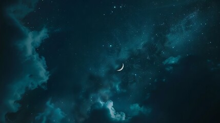 Crescent moon shining over dark sky with stars and clouds, Ramadan Kareem greeting card design - obrazy, fototapety, plakaty
