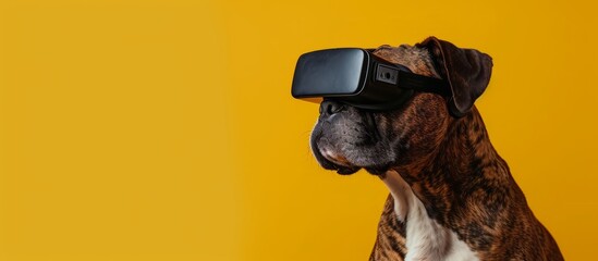 Adorable dog experiencing virtual reality with a headset on its head