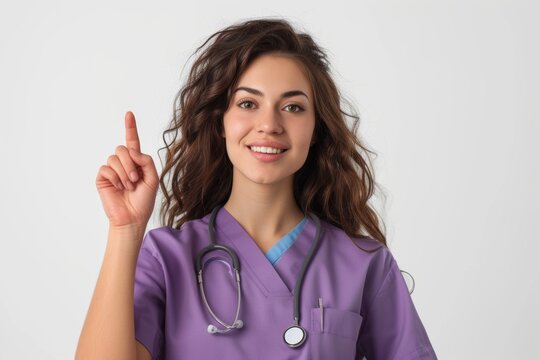 Engaging young nurse in purple scrubs with a stethoscope pointing upwards, possibly indicating health goals or new information, against a white backdrop.