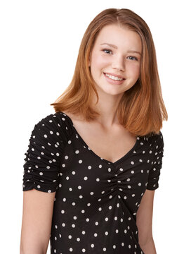 Basic, fashion and portrait of redhead, teenage girl and smile for hair care in studio for mockup. Gen z youth, glow and mouth in casual clothing for happy, fresh school picture on white background