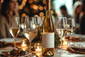 A dining table with a bottle of white wine on the tabletop in the foreground, people celebrating a holiday behind them. Generative AI.