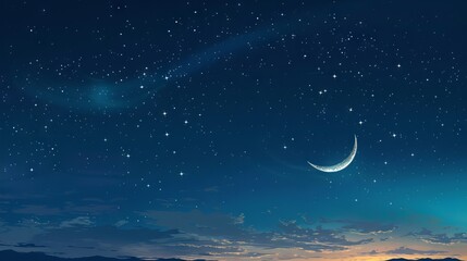 Crescent moon shining over dark sky with stars and clouds, Ramadan Kareem greeting card design