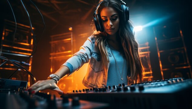 Cool female asian dj is working in a nightclub, standing at turntables