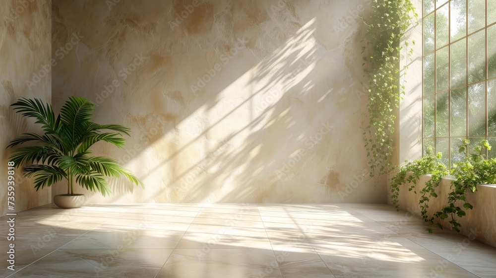 Poster this minimal abstract beige background features a window with intricate shadows, vegetation on the w