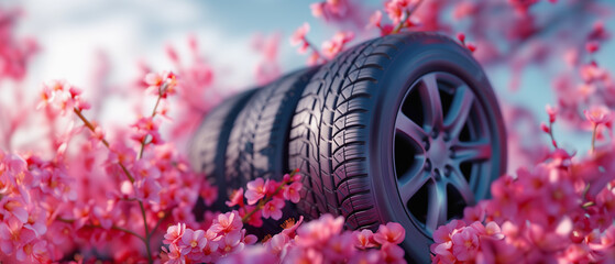 summer tires in the blooming spring sakura in the sun - time for summer tires - obrazy, fototapety, plakaty