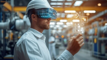 Engineer using smart glasses with augmented mixed with virtual reality technology to monitoring machine in real time. working in smart factory. Generative AI.