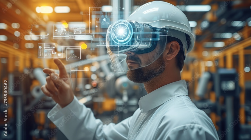 Aufkleber engineer using smart glasses with augmented mixed with virtual reality technology to monitoring mach