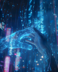 Contact between a cyber hand hand a human hand - Technologies and artificial intelligence concept