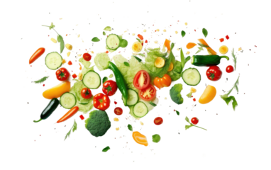 Assorted Vegetables Soaring Through the Air. A photo capturing a vibrant array of vegetables suspended in mid-air, defying gravity.