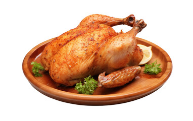 Whole Chicken on a Plate With Parsley. A whole chicken is presented on a plate, garnished with fresh parsley.