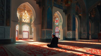 Muslim man praying in a majestic mosque with intricate Islamic art and architecture