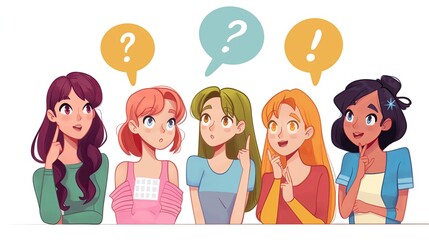 Group of young women playing quiz - obrazy, fototapety, plakaty