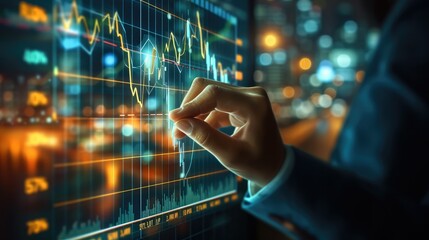 Businessman touching growth graph profit develop sustainable plan for business investment, touching a display screen showing a graph of increasing profits. Generative AI.