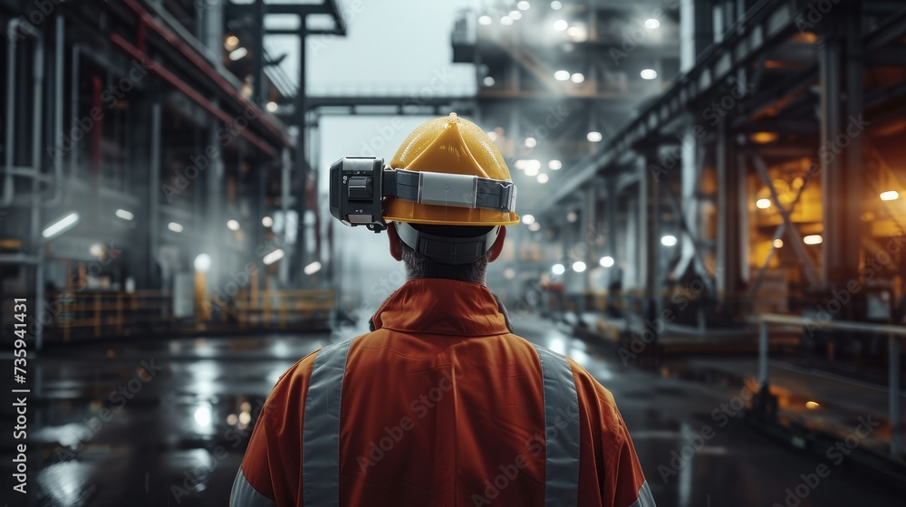 Poster A worker wearing a smart helmet with environmental sensors for safety, Working in a smart factory. Generative AI.