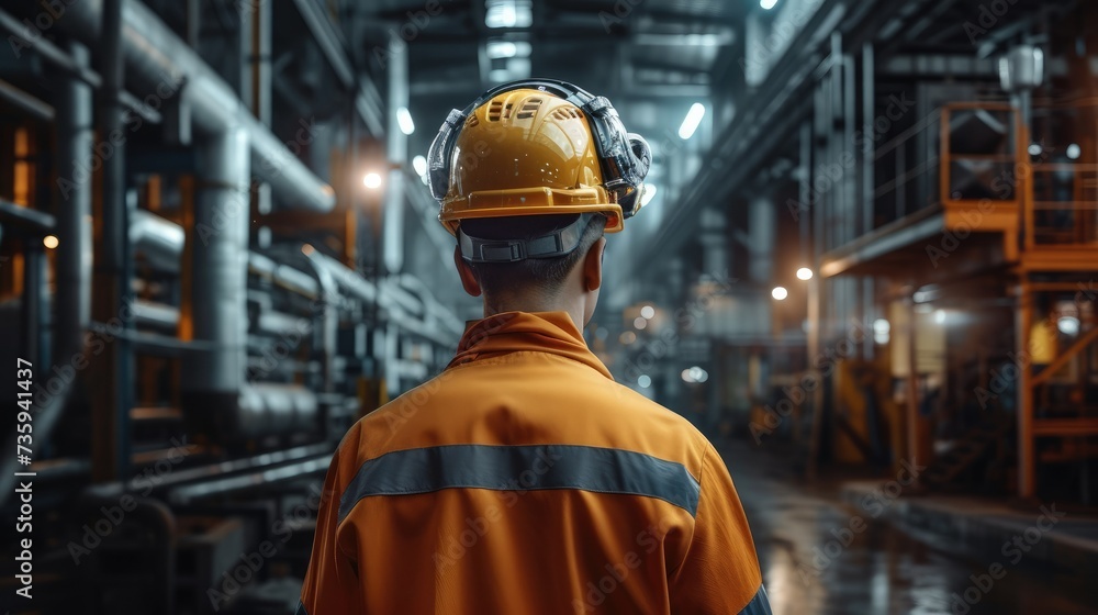 Aufkleber A worker wearing a smart helmet with environmental sensors for safety, Working in a smart factory. Generative AI.