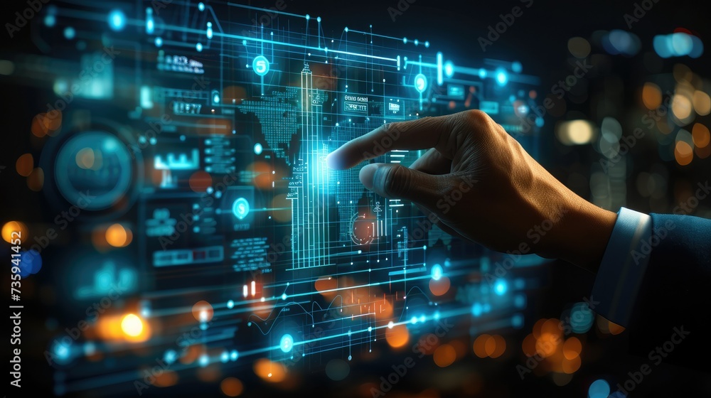 Poster Man using his finger to touch screen with business graph showing up virtual screen. New startup ideas and business growth concept. Generative AI.