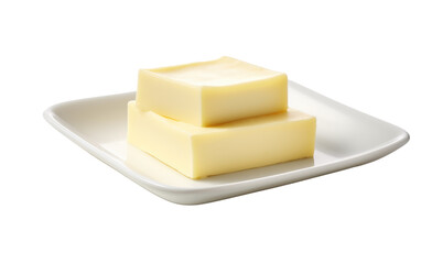 Three Pieces of Butter on a White Plate. A photo featuring three pieces of butter neatly arranged on a Transparent plate.