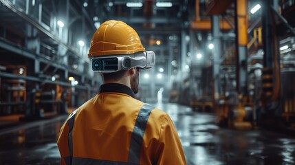 A worker wearing a smart helmet with environmental sensors for safety, Working in a smart factory. Generative AI.