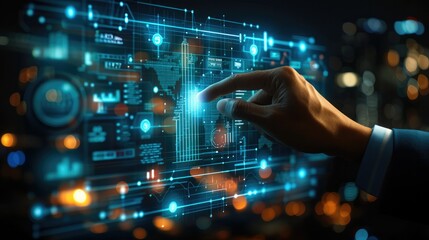 Man using his finger to touch screen with business graph showing up virtual screen. New startup ideas and business growth concept. Generative AI.