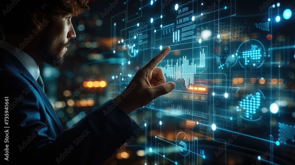 Poster Man using his finger to touch screen with business graph showing up virtual screen. New startup ideas and business growth concept. Generative AI.