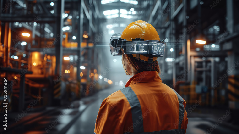 Aufkleber A worker wearing a smart helmet with environmental sensors for safety, Working in a smart factory. Generative AI.
