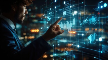 Man using his finger to touch screen with business graph showing up virtual screen. New startup ideas and business growth concept. Generative AI.