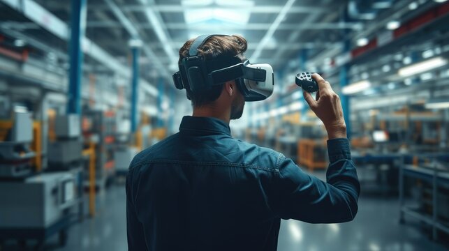 Industrial Design Engineer Wearing Virtual Reality Headset Working With Machinery At Modern Factory. Generative AI.