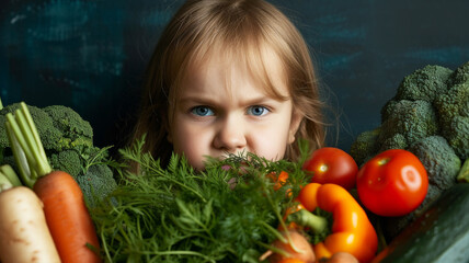 I hate a vegetables! I'm not eating this! Toddler refusing food. Little girl not wanting to eat broccoli. Cute caucasian brunette toddler girl staying at angry grimace, near vegetables. - obrazy, fototapety, plakaty