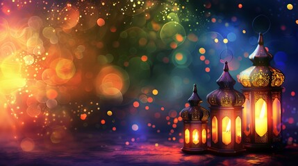 Eid Mubarak Ramadan Kareem - beautiful Islamic holiday greeting card with traditional Eid lanterns and Arabic calligraphy
