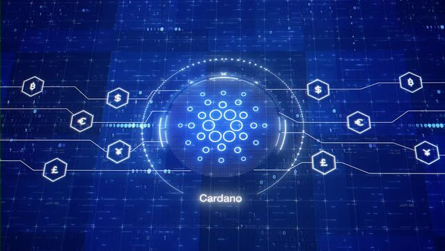 Cardano blockchain platform animated logo. ADA cryptocurrency. Animation of virtual currency in digital world. Open-source and decentralized Cardano