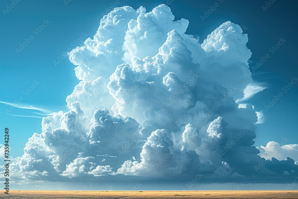 Poster a huge cumulus clouds, thunder heads, centered in frame from ground level. generative ai.