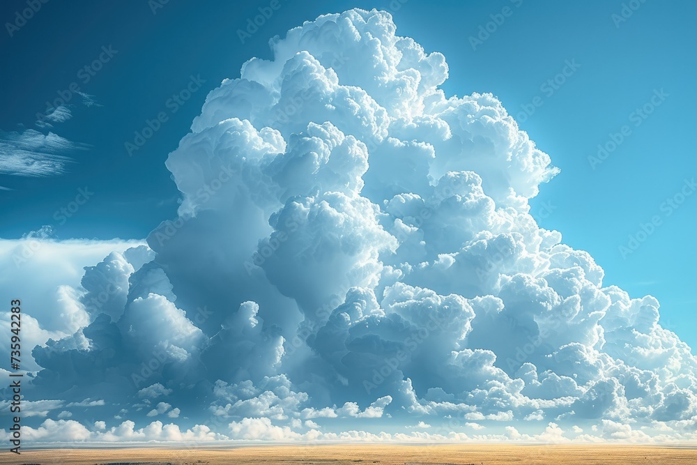 Poster a huge cumulus clouds, thunder heads, centered in frame from ground level. generative ai.