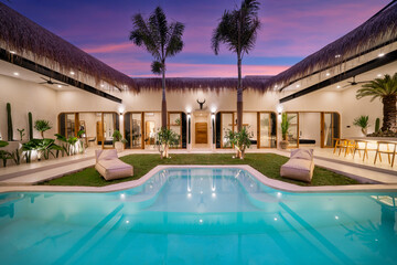 Tropical villa view with garden, swimming pool and open living room at sunset
