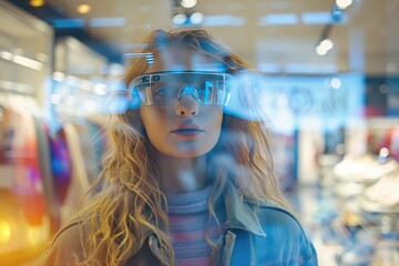 Young woman wearing augmented reality goggles inside a virtual clothing store. The double exposure emphasizes the immersive digital universe.