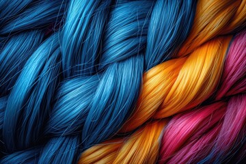 Thick strands of blue, orange and pink colors are woven into a braid. Abstract background, multicolored rope texture. - obrazy, fototapety, plakaty