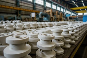 Ceramic electrical insulators in the warehouse of the manufacturer's factory. High voltage equipment for power plants.