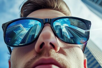 A young man wearing mirrored sunglasses that reflect the skyscrapers of a big city business district. Concept of a budding businessman, promising future. - obrazy, fototapety, plakaty