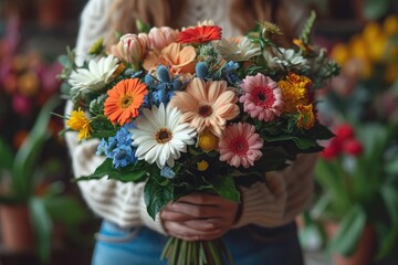 A young woman holds a large bouquet of colorful flowers.