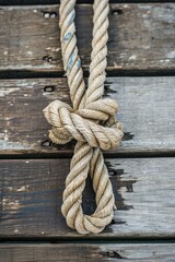 Obraz premium A knot of nautical rope on the wooden deck of a ship. An old mooring rope is tangled into a secure knot.