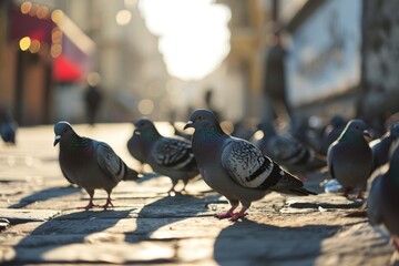 Obraz premium A flock of pigeons on a cobbled street in the old town on a summer's day from a low angle.