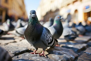A flock of pigeons on a cobbled street in the old town on a summer's day from a low angle.