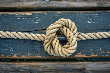 Fototapeta premium A knot of nautical rope on the wooden deck of a ship. An old mooring rope is tangled into a secure knot.