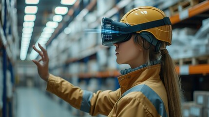 A futuristic warehouse worker doing inventory using augmented reality technology. Futuristic Technology Warehouse. Generative AI.