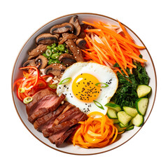 korean bibimbap bowl with galbi beef and pickled vege in transparent background