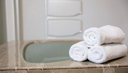 Stack of white towels on table in bathroom. Space for text, high quality stock photo close up picture