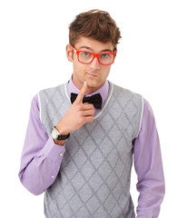 Studio, geek and retro portrait of man with doubt, glasses and thinking with vision. Eyewear, nerd...