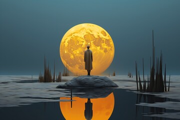 a person standing on a rock in front of a large yellow moon - Powered by Adobe