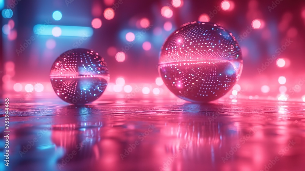 Aufkleber glowing neon spheres on a wet surface with a backdrop of vibrant bokeh lights, an artistic represent